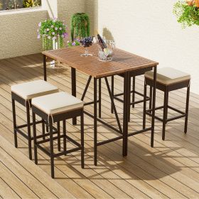 5-Piece Outdoor Acacia Wood Bar Height Table And Four Stools With Cushions, Garden PE Rattan Wicker Dining Table, Foldable Tabletop 5-Piece Outdoor Acacia Wood Bar Height Table And Four Stools With Cushions, Garden PE Rattan Wicker Dining Table, Foldable Tabletop